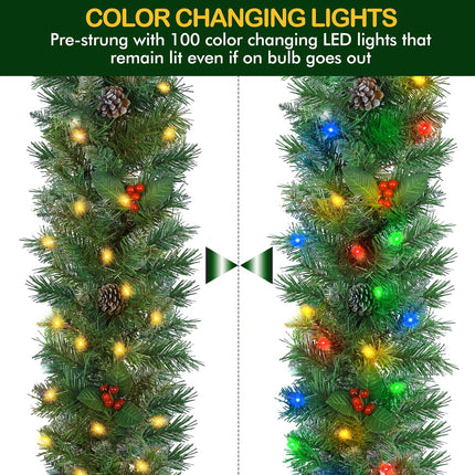 12' Prelit Christmas Garland with 100 Multi Color LED Lights, Artificial Christmas Garland with 316 PVC Branch Tips, Adorned with Pinecones & Red Berries, Battery Operated
