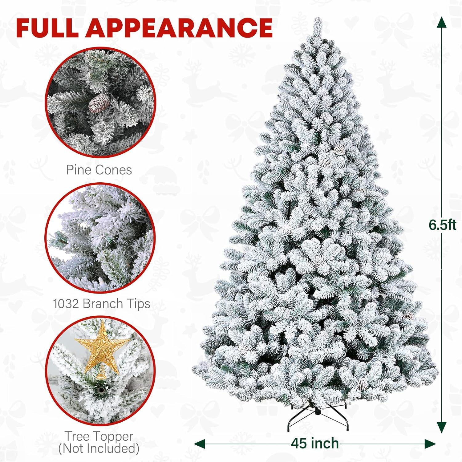 6.5' Snow Flocked Artificial Christmas Tree with Pine Cones, Metal Stand and Hinged Branches