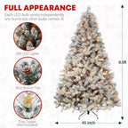 VIVATREES 6.5'/7.5'/9' Snow Flocked Prelit Christmas Tree with Pine Cones, Warm White Lights, Metal Stand and Hinged Branches