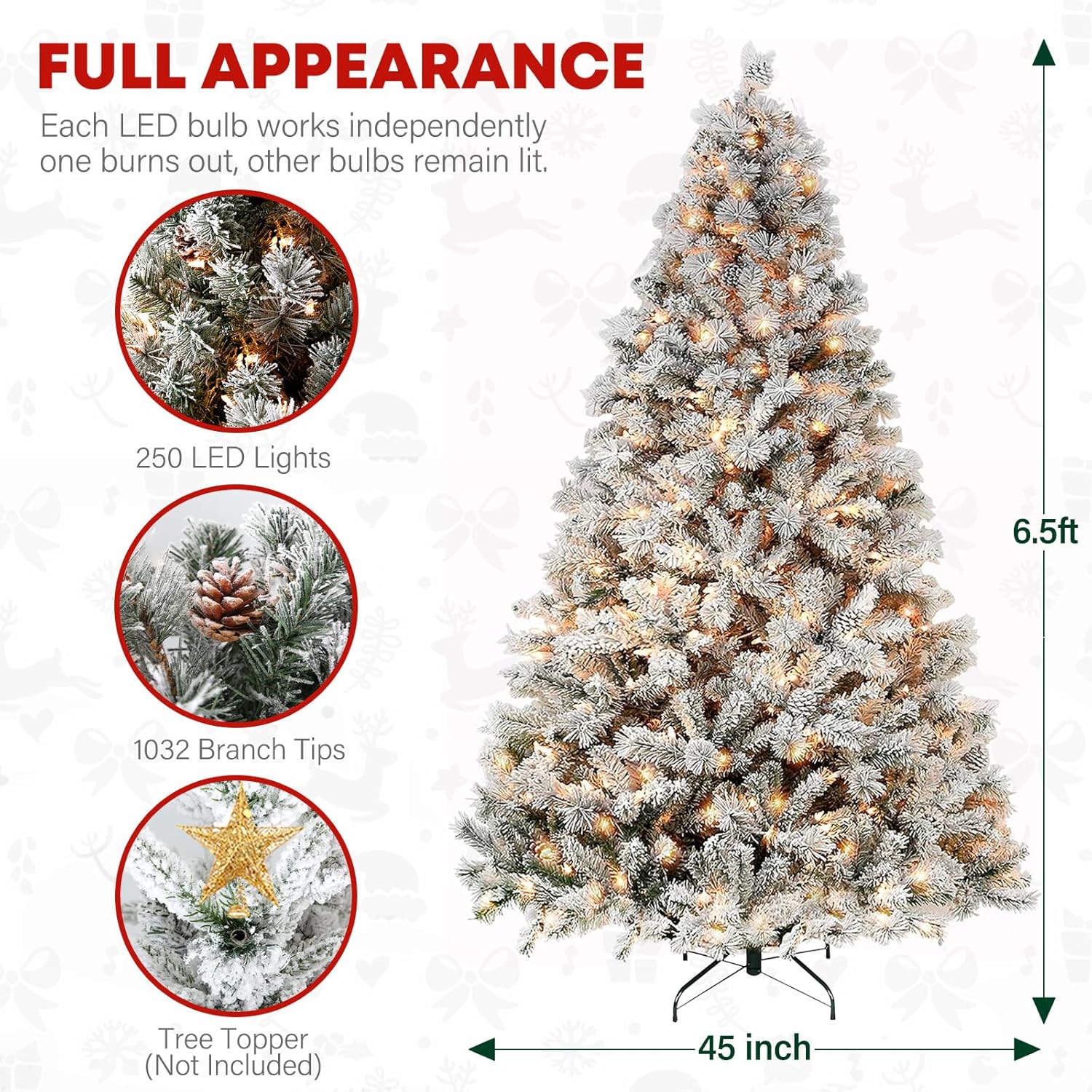VIVATREES 6.5'/7.5'/9' Snow Flocked Prelit Christmas Tree with Pine Cones, Warm White Lights, Metal Stand and Hinged Branches