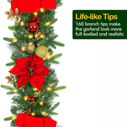 9' Pre-lit Christmas Garland with 50 Warm White Lights, 160 PE Branch Tips, Lighted Artificial Christmas Garland with Poinsettias and Ball Ornaments for Decor, Battery Operated, Red