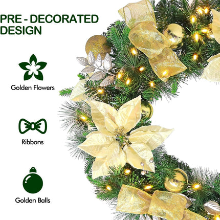 24'' Pre-Lit Artificial Christmas Wreath with 50 Warm White LED Lights, 100 PE Branch Tips, Lighted Battery Operated Wreath with Poinsettia Flowers & Gold Balls, Hanger Included, Champagne