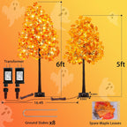 2PACK Artificial Lighted Maple Tree (5FT 96LED & 6FT 120LED) Tall Tree with Warm White Lights and Maple Leaves for Thanksgiving, Christmas, Autumn Harvest Outdoor Indoor Home Decor, Orange