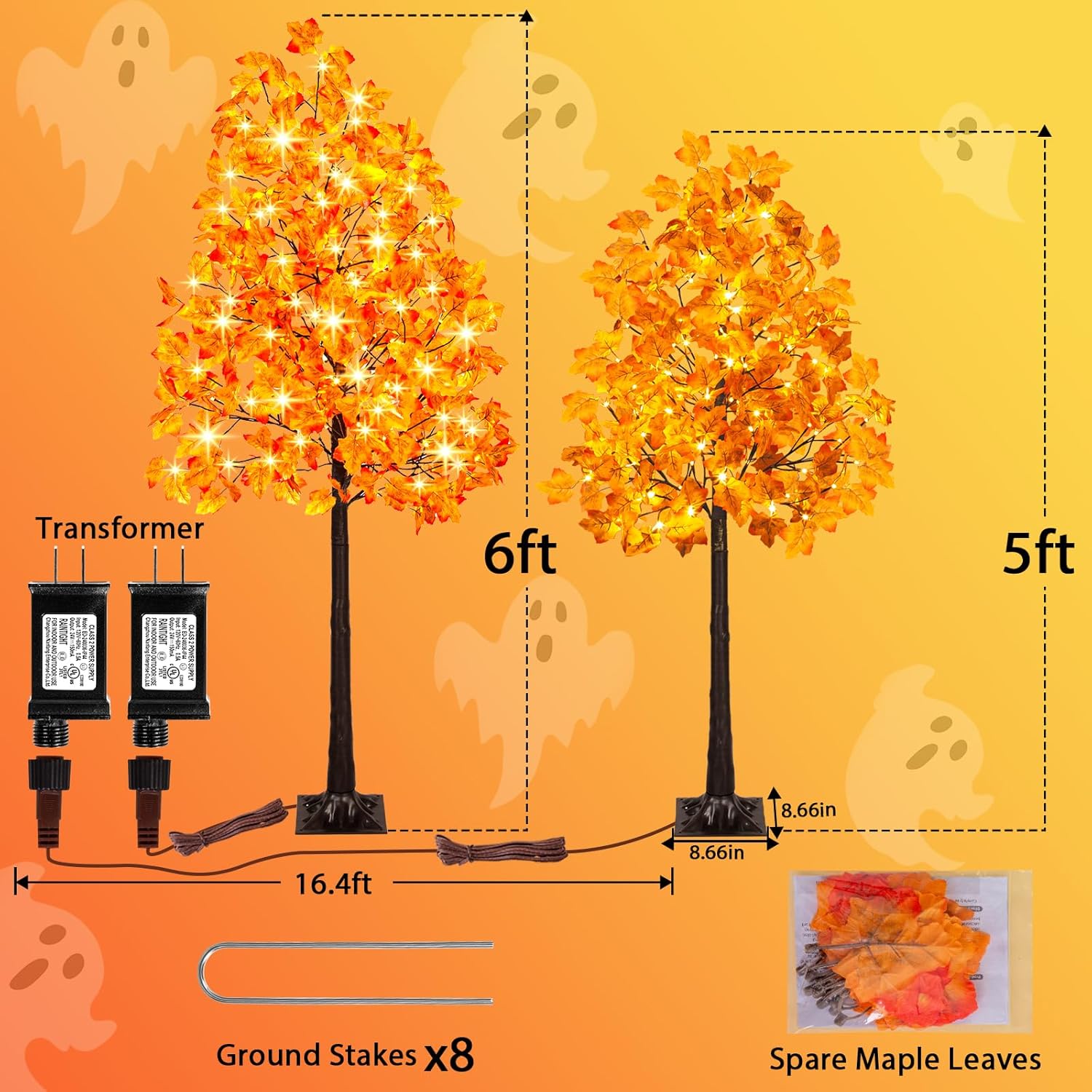 2PACK Artificial Lighted Maple Tree (5FT 96LED & 6FT 120LED) Tall Tree with Warm White Lights and Maple Leaves for Thanksgiving, Christmas, Autumn Harvest Outdoor Indoor Home Decor, Orange