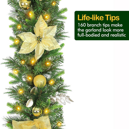 9' Pre-lit Christmas Garland with 50 Warm White Lights, 160 PE Branch Tips, Lighted Battery Operated Artificial Christmas Garland with Poinsettia and Gold Balls for Mantle, Champagne