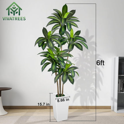 VIVATREES Dracaena Tree 6FT Artificial, 72in Tall Faux Dracaena Tree with 15.7 White Planter, Fake Potted Tree for Indoor & Outdoor Home Office Decor