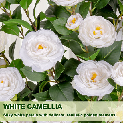 VIVATREES 5ft Artificial Camellia Tree, 60'' Tall Faux Camellia Plant with White Flowers, UV Resistant Indoor Outdoor Fake Tree with White Planter Pot Included for Living Room Patio Wedding Decor