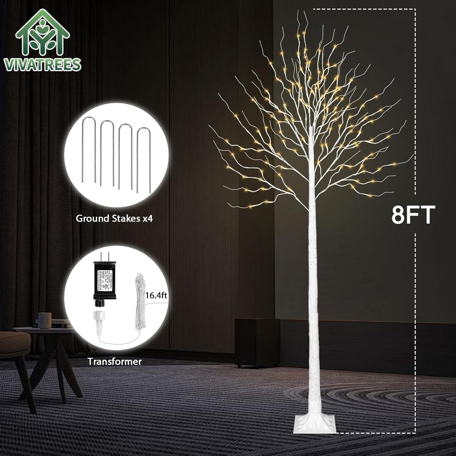 LED Birch Tree Lights, 8ft Trees with Warm White Lights, Outdoor Indoor Christmas Wedding Party Decor