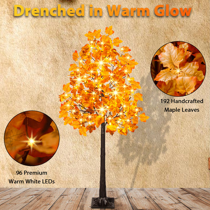 2 Pack 5FT Artificial Lighted Maple Tree with 96 LEDs, Fall Tree with Warm White Lights for Indoor Outdoor Autumn Halloween Thanksgiving Decor