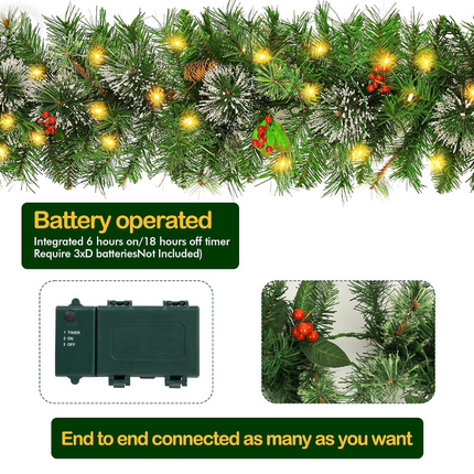 12' Prelit Christmas Garland with 100 Warm White Lights, Artificial Garland with 288 PVC Branch Tips, Adorned with Pinecones & Red Berries, Battery Operated