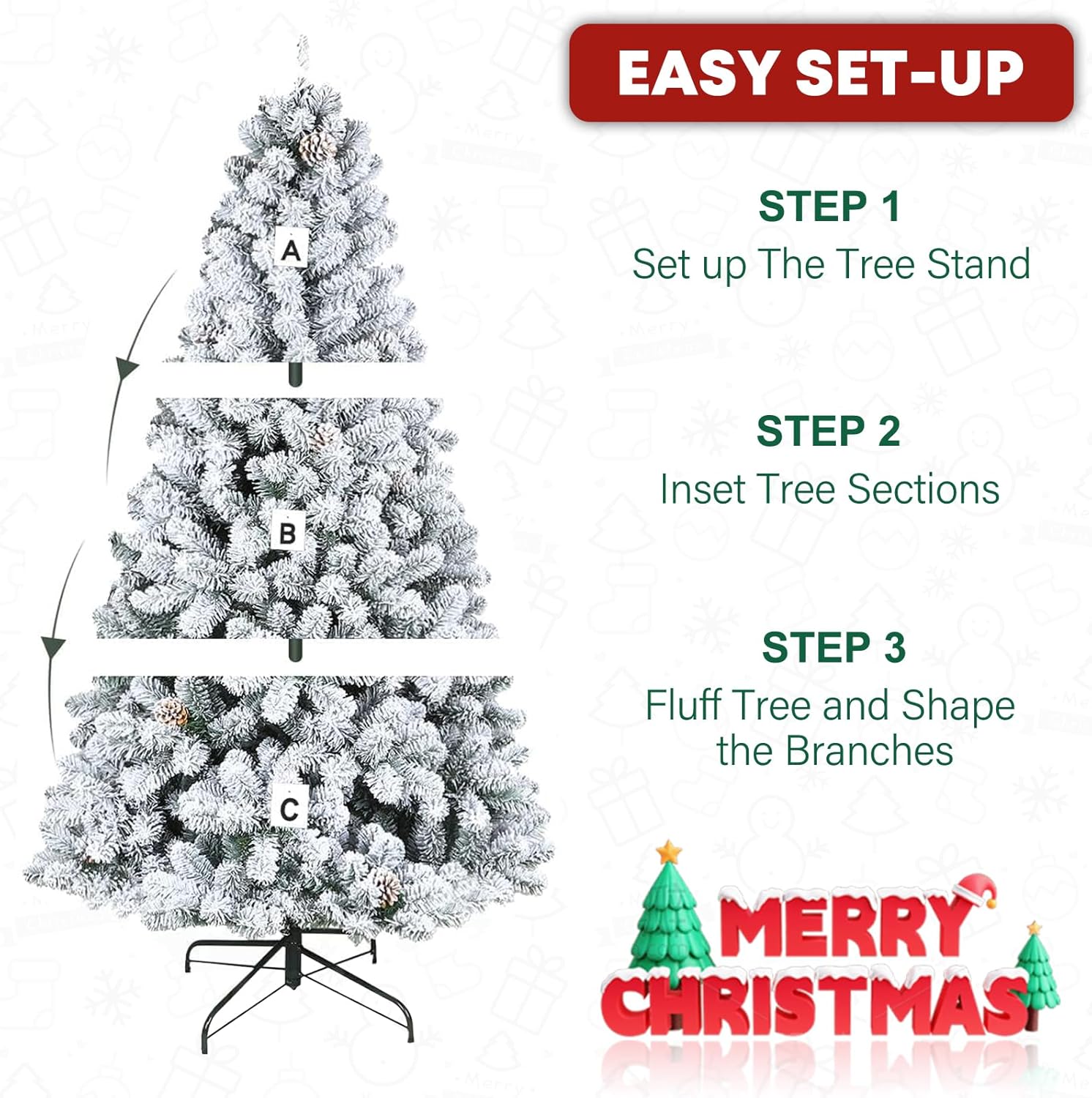 6.5' Snow Flocked Artificial Christmas Tree with Pine Cones, Metal Stand and Hinged Branches