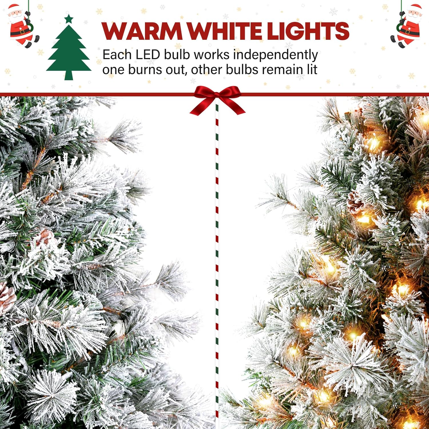 VIVATREES 6.5'/7.5'/9' Snow Flocked Prelit Christmas Tree with Pine Cones, Warm White Lights, Metal Stand and Hinged Branches