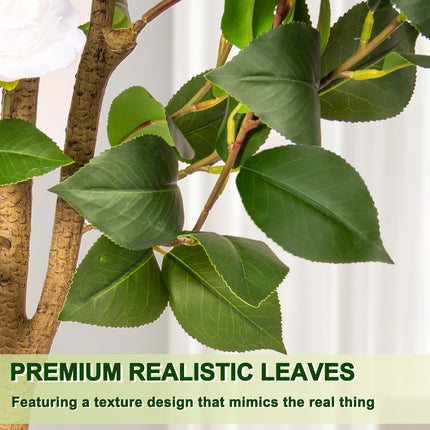 VIVATREES 5ft Artificial Camellia Tree, 60'' Tall Faux Camellia Plant with White Flowers, UV Resistant Indoor Outdoor Fake Tree with White Planter Pot Included for Living Room Patio Wedding Decor