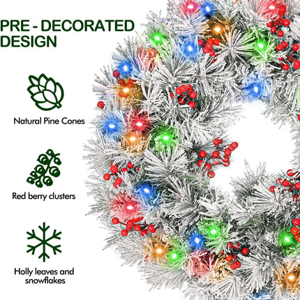 24'' Snow Flocked Artificial Christmas Wreath, Wintry Pine, Pre-lit Frosted Wreath with 50 Multi-color LED Lights, Battery Operated with Timer, Adorned with Pinecones, Red Berries