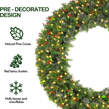 60'' Prelit Christmas Wreath Wintry Pine with 400 Warm White LED Lights, Artificial Wreath with 792 PVC Branch Tips, Adorned with Pinecones & Red Berries, Plug in