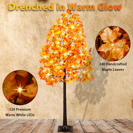2 Pack 6FT Artificial Lighted Maple Tree with 120 LEDs, Fall Tree with Warm White Lights for Indoor Outdoor Autumn Halloween Thanksgiving Decor