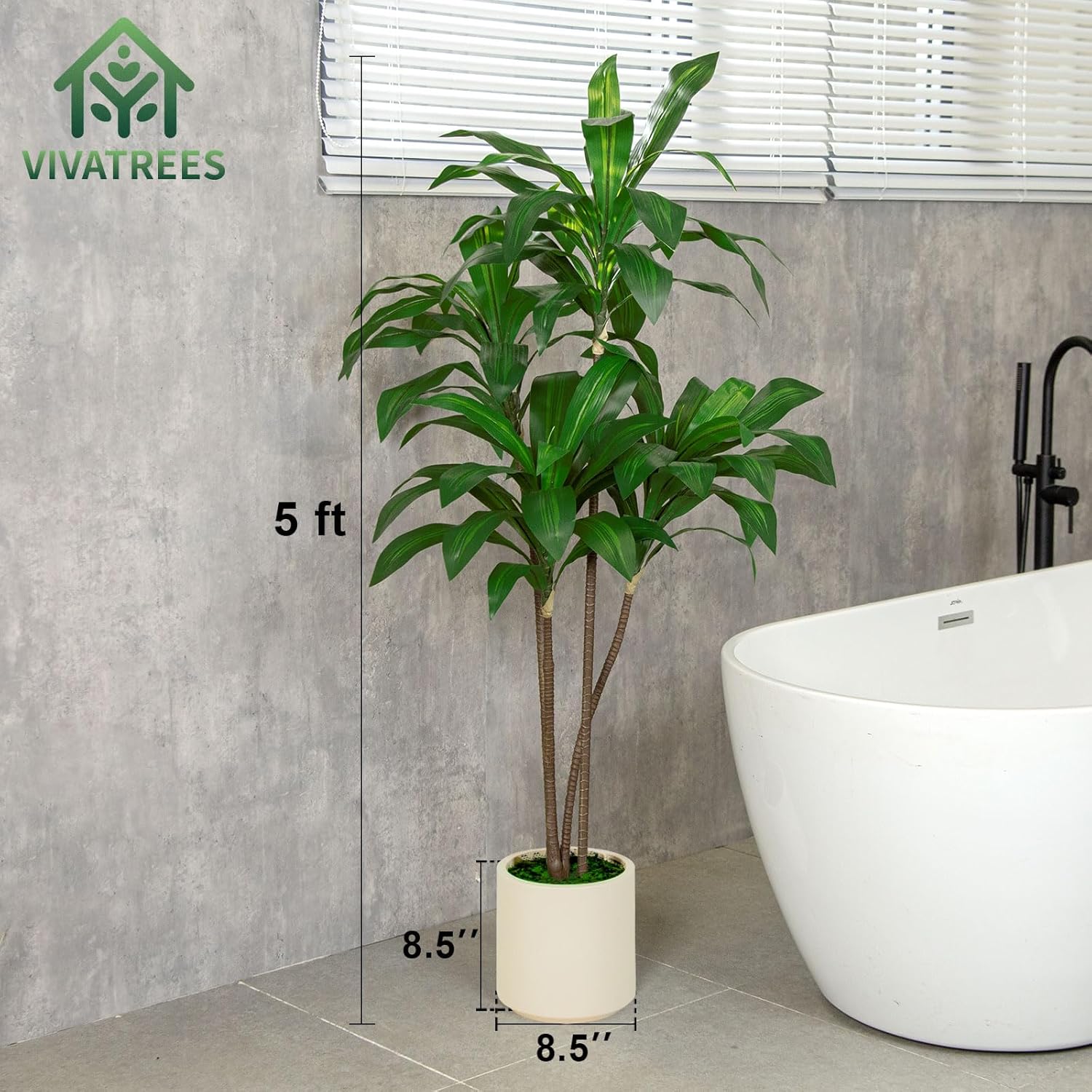5FT/6FT Artificial Dracaena Tree in White Planter Faux Plant with Realistic Wood Trunk & Lifelike Leaves for Home & Office Decor, Green