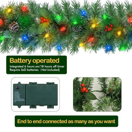 12' Prelit Christmas Garland with 100 Multi Color LED Lights, Artificial Christmas Garland with 316 PVC Branch Tips, Adorned with Pinecones & Red Berries, Battery Operated