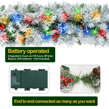 9' Prelit Snow Flocked Christmas Garland with 50 Multi-Color LED Lights, Pinecones and Red Berries, Artificial Christmas Garland, Battery Operated with Timer