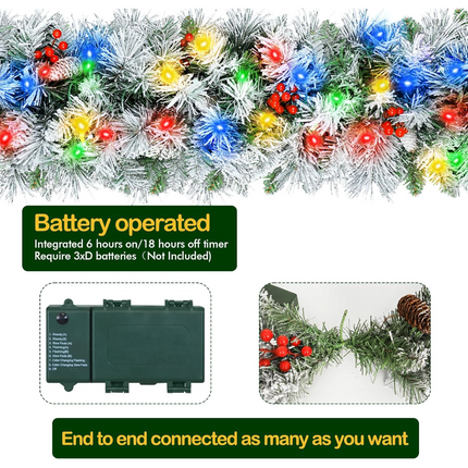 12' Snow Flocked Christmas Garland with 100 Multicolor LED Lights, Pinecones & Red Berries, Prelit Artificial Christmas Garland, Battery Operated with Timer