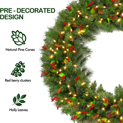 48'' Large Pre-Lit Christmas Wreath with 200 Warm White LED Lights, 434 Branch Tips, Artificial Wintry Pine Wreath with Timer, Pinecones & Red Berries, Plug in