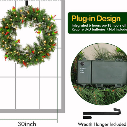 30'' Pre-Lit Christmas Wreath Wintry Pine with 100 Warm White LED Lights, 223 Branch Tips, Artificial Wreath with Timer & Hanger, Adorned with Pinecones & Red Berries, Battery Operated