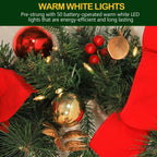 24'' Pre-Lit Artificial Christmas Wreath with 50 Warm White LED Lights, 100 PE Branch Tips, Battery Operated Christmas Wreath with Poinsettias and Ball Ornaments, Hanger Included, Red