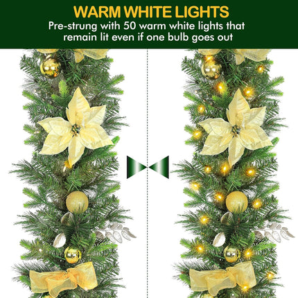 9' Pre-lit Christmas Garland with 50 Warm White Lights, 160 PE Branch Tips, Lighted Battery Operated Artificial Christmas Garland with Poinsettia and Gold Balls for Mantle, Champagne