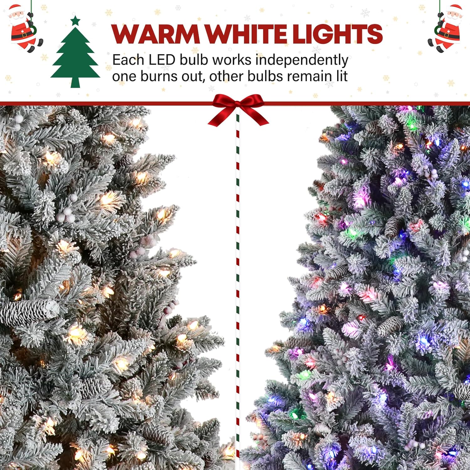 Vivatrees 6.5'/7.5'/9' Prelit Snow Flocked Christmas Tree with Pine Cones and Berries, Color Changing LED Lights, Branch Tips, Metal Stand and Hinged Branches, 10 Color Modes