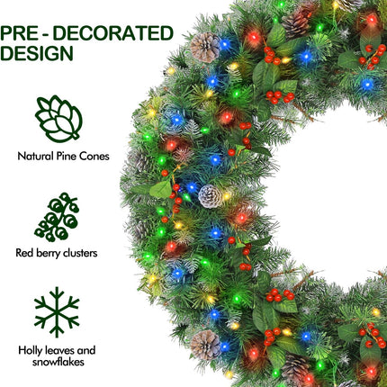 36'' Prelit Christmas Wreath with 150 Multi Color LED Lights, Artificial Christmas Wreath with 300 PVC Branch Tips, Decorated with Pinecones, Berries, Battery Operated
