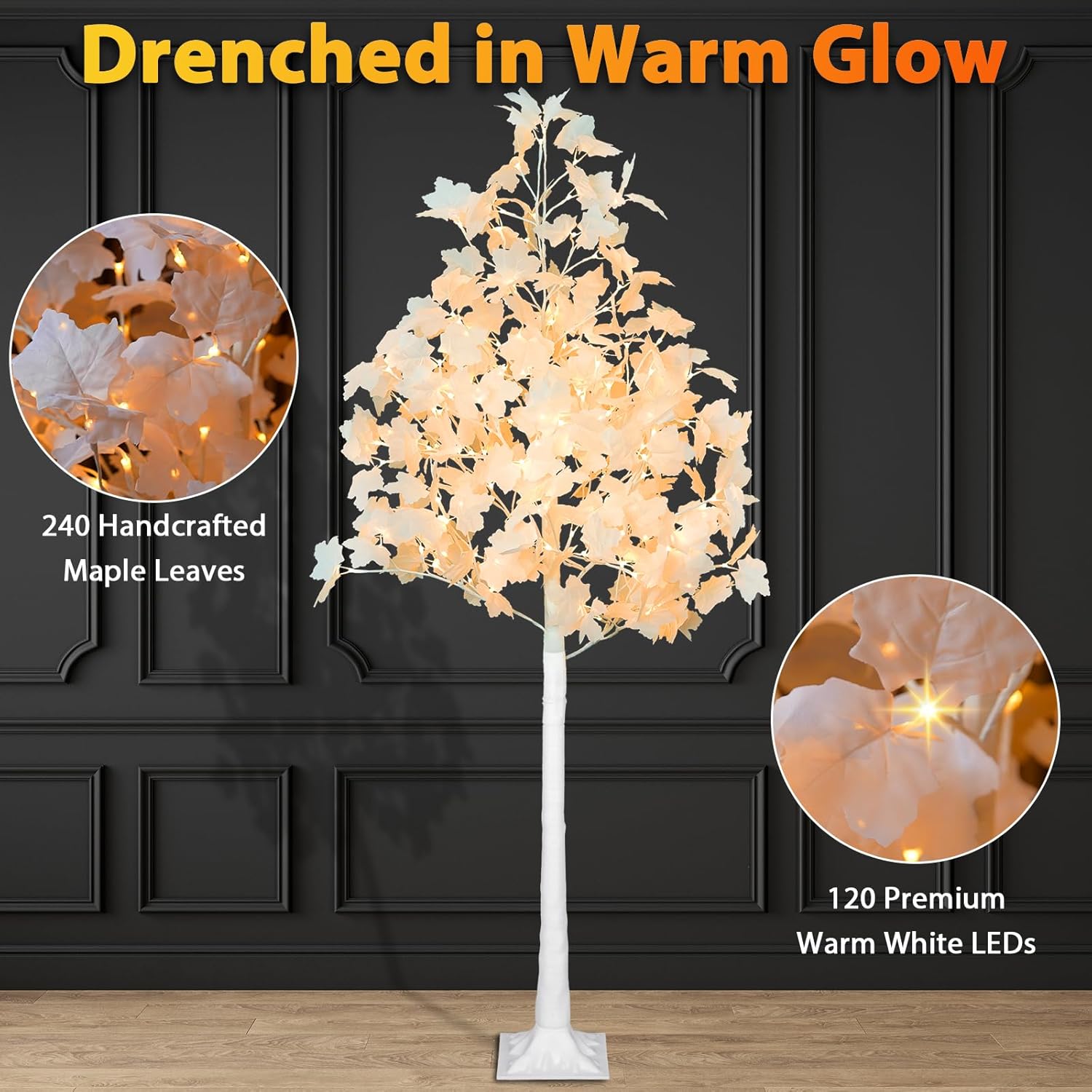 6FT 120LED Artificial Lighted White Maple Tree, Tall Tree with Dual-Tone Lights (Cold & Warm White) Thanksgiving, Christmas, Autumn Harvest Outdoor Indoor Home Decor