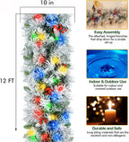 12' Snow Flocked Christmas Garland with 100 Multicolor LED Lights, Pinecones & Red Berries, Prelit Artificial Christmas Garland, Battery Operated with Timer