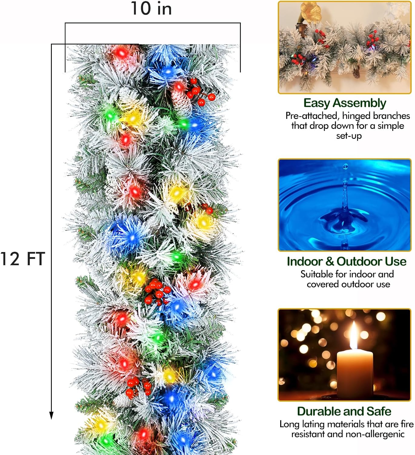 12' Snow Flocked Christmas Garland with 100 Multicolor LED Lights, Pinecones & Red Berries, Prelit Artificial Christmas Garland, Battery Operated with Timer