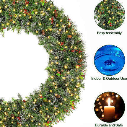 60'' Prelit Christmas Wreath Wintry Pine with 400 Warm White LED Lights, Artificial Wreath with 792 PVC Branch Tips, Adorned with Pinecones & Red Berries, Plug in