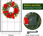 24'' Pre-Lit Artificial Christmas Wreath with 50 Warm White LED Lights, 100 PE Branch Tips, Battery Operated Christmas Wreath with Poinsettias and Ball Ornaments, Hanger Included, Red