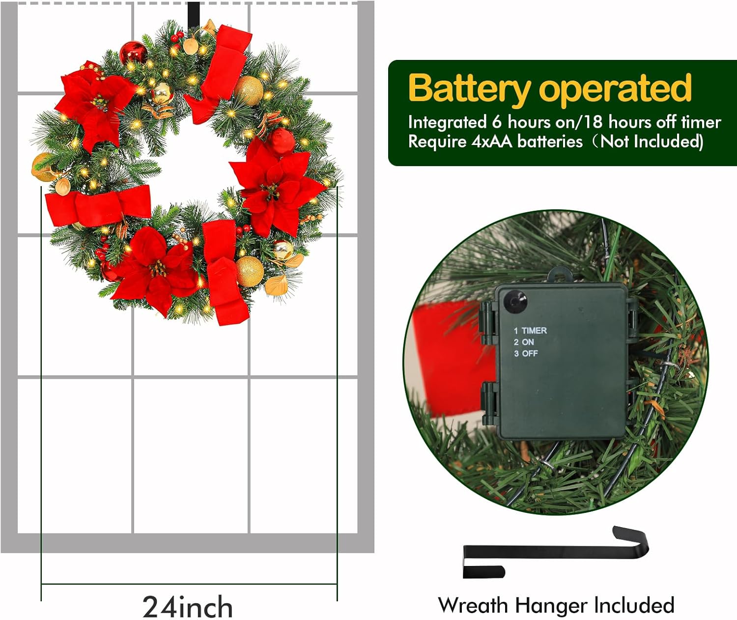 24'' Pre-Lit Artificial Christmas Wreath with 50 Warm White LED Lights, 100 PE Branch Tips, Battery Operated Christmas Wreath with Poinsettias and Ball Ornaments, Hanger Included, Red