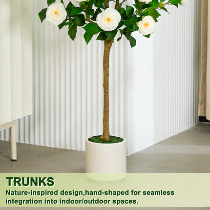 VIVATREES 5ft Artificial Camellia Tree, 60'' Tall Faux Camellia Plant with White Flowers, UV Resistant Indoor Outdoor Fake Tree with White Planter Pot Included for Living Room Patio Wedding Decor