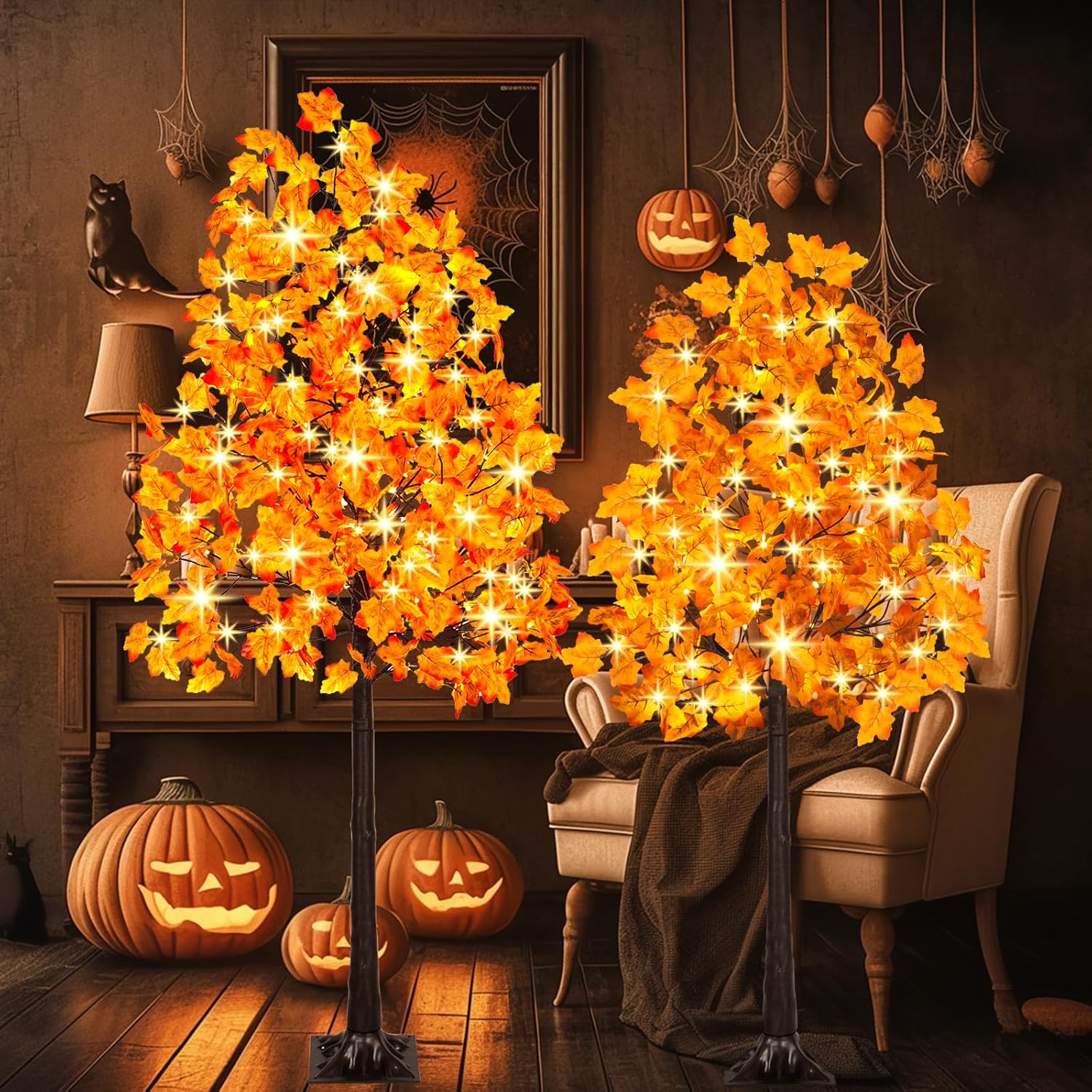 2PACK Artificial Lighted Maple Tree (5FT 96LED & 6FT 120LED) Tall Tree with Warm White Lights and Maple Leaves for Thanksgiving, Christmas, Autumn Harvest Outdoor Indoor Home Decor, Orange