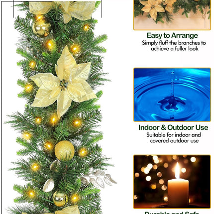 9' Pre-lit Christmas Garland with 50 Warm White Lights, 160 PE Branch Tips, Lighted Battery Operated Artificial Christmas Garland with Poinsettia and Gold Balls for Mantle, Champagne