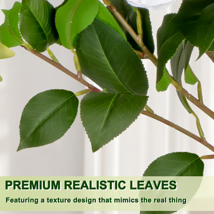 VIVATREES 3ft Artificial Camellia Tree 2 Pack, 36'' Tall Faux Camellia Plant with White Flowers, UV Resistant Indoor Outdoor Fake Tree with White Planter Pot Included for Home Patio Wedding Decor
