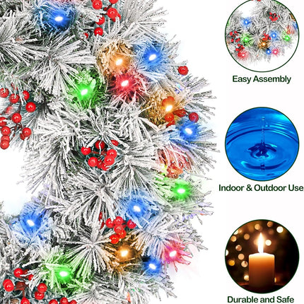 24'' Snow Flocked Artificial Christmas Wreath, Wintry Pine, Pre-lit Frosted Wreath with 50 Multi-color LED Lights, Battery Operated with Timer, Adorned with Pinecones, Red Berries