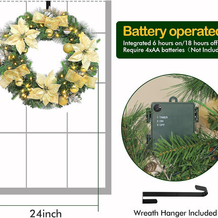 24'' Pre-Lit Artificial Christmas Wreath with 50 Warm White LED Lights, 100 PE Branch Tips, Lighted Battery Operated Wreath with Poinsettia Flowers & Gold Balls, Hanger Included, Champagne