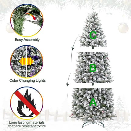 6.5'/7.5' Prelit Snow Flocked Slim Christmas Tree, PE & PVC Tips, Artificial Tree w/ 11 Colors LED Lights, Pine Cones & Berries, Hinged Branches and Metal Stand