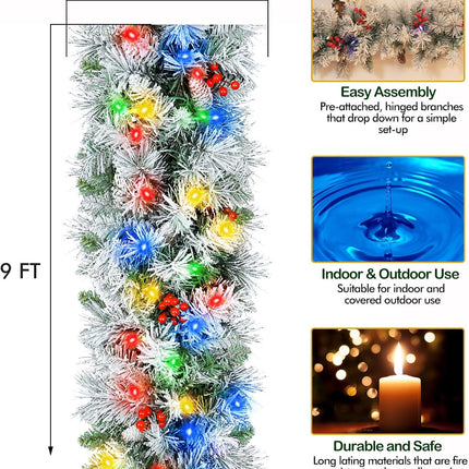 9' Prelit Snow Flocked Christmas Garland with 50 Multi-Color LED Lights, Pinecones and Red Berries, Artificial Christmas Garland, Battery Operated with Timer