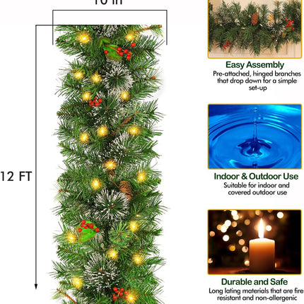 12' Prelit Christmas Garland with 100 Warm White Lights, Artificial Garland with 288 PVC Branch Tips, Adorned with Pinecones & Red Berries, Battery Operated