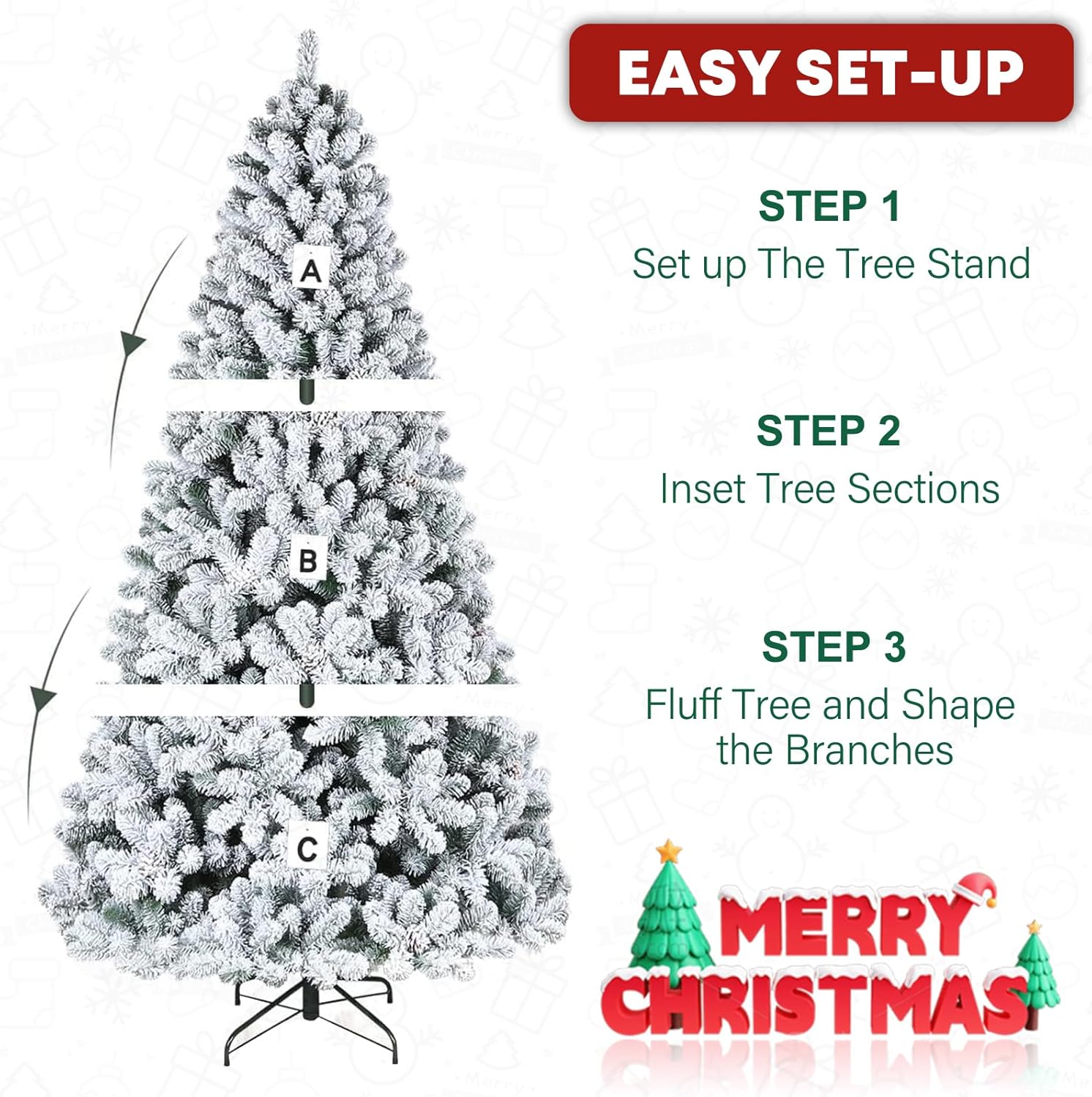 VIVATREES 6.5'/7.5'/9' Snow Flocked Prelit Christmas Tree with Pine Cones, Warm White Lights, Metal Stand and Hinged Branches
