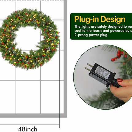 48'' Large Pre-Lit Christmas Wreath with 200 Warm White LED Lights, 434 Branch Tips, Artificial Wintry Pine Wreath with Timer, Pinecones & Red Berries, Plug in
