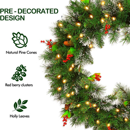 30'' Pre-Lit Christmas Wreath Wintry Pine with 100 Warm White LED Lights, 223 Branch Tips, Artificial Wreath with Timer & Hanger, Adorned with Pinecones & Red Berries, Battery Operated