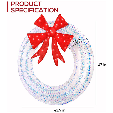 4' Lighted Outdoor Iridescent Christmas Wreath with 140 LED Lights, Outdoor Christmas Holiday Decoration with Bow for Garden, Porch - White