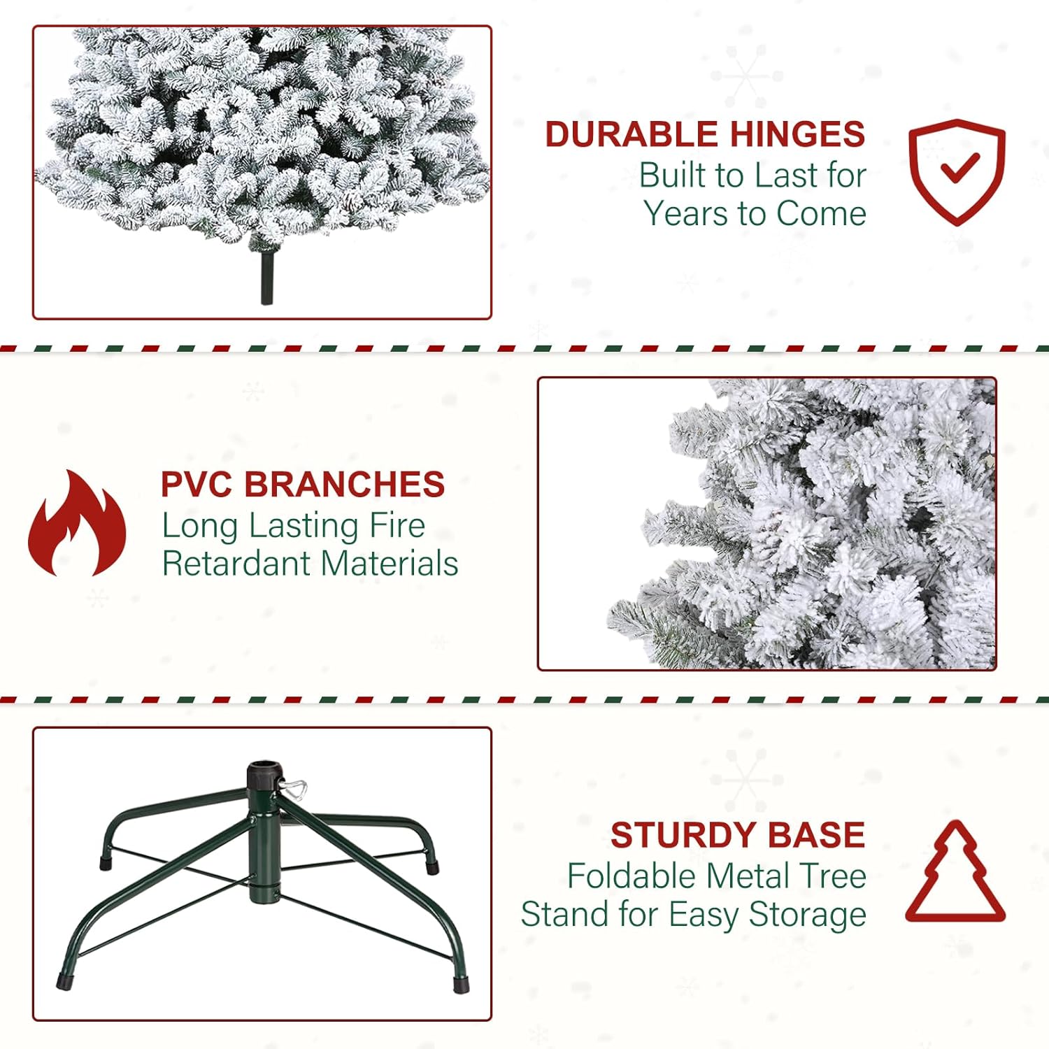 6.5' Snow Flocked Artificial Christmas Tree with Pine Cones, Metal Stand and Hinged Branches